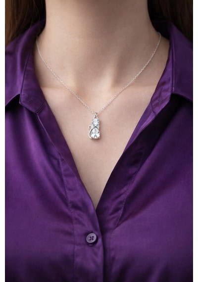 Çekirdekjewelry Kedi Tasarımlı 925 Ayar Gümüş Zirkon Taşlı Şık Kadın Kolyesi Gümüş