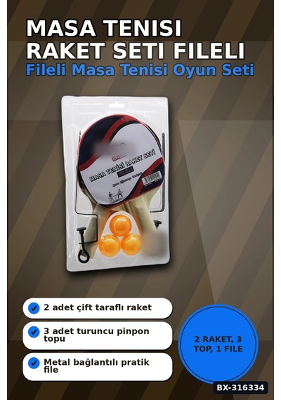 Masa Tenisi Raket Seti Fileli Pinpon Raketi - 2 Raket 3 Top 1 File Ayak Bx-316334
