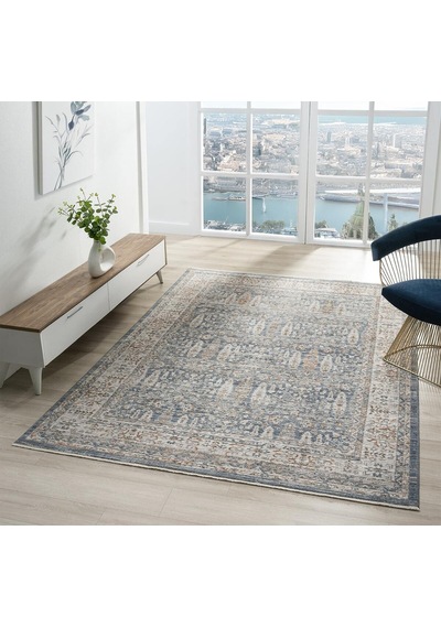 Mariesse Home Vintage Eskitme Desenli Makine Dokuma Salon Oturma Odası Halısı 10207 Mavi