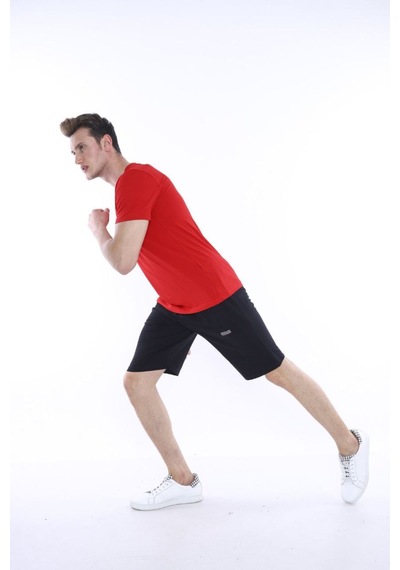 Erkek Spor Kırmızı Bisiklet Yaka Slim Fit Alt-Üst Şort Takım-3841 Kırmızı