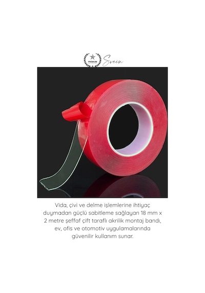 Çifttaraflıbant Şeffaf Çift Taraflı Akrilik Montaj Bandı 18mm X 2 Metre Güçlü Yapışkan İz Bırakmaya Diğer