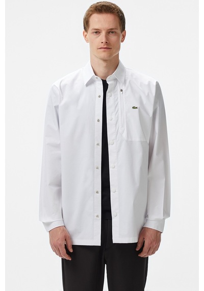 Lacoste Mens Regular Fit White Shirt Standart Kesim Çıtçıt Düğmeli Fermuar Cepli Erkek Gömlek Beyaz