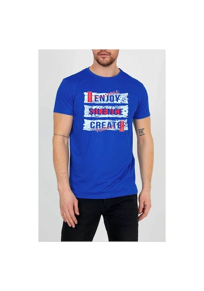 Medinenur Enjoy Baskılı Unisex Bisiklet Yaka Tshirt Mavi