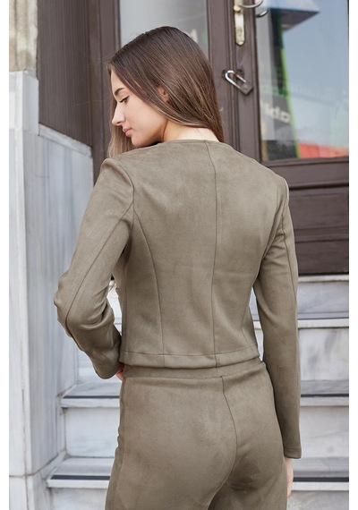 Kadın Esnek Süet Kumaş Sıfır Yaka Flato Cepli Uzun Kol Blazer Ceket-haki Haki