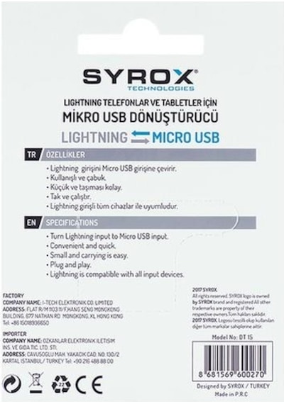 Syrox Micro Usb Den Apple Uyumlu iPhone Lightning Ye Dönüştürücü Dt15 N11.37973
