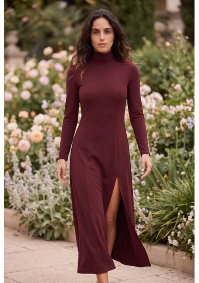 Soulshae Uzun Kollu Balıkçı Yaka Yırtmaçlı Modal Midi Elbise Bordo Soulshae Uzun Kollu Balıkçı Yaka Yırtmaçlı Modal Midi Elbise Bordo
