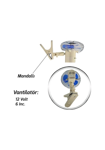 Oto Vantilatör Çap 18 Cm Mandallı Döner Başlıklı 12v Araç Içi Fan