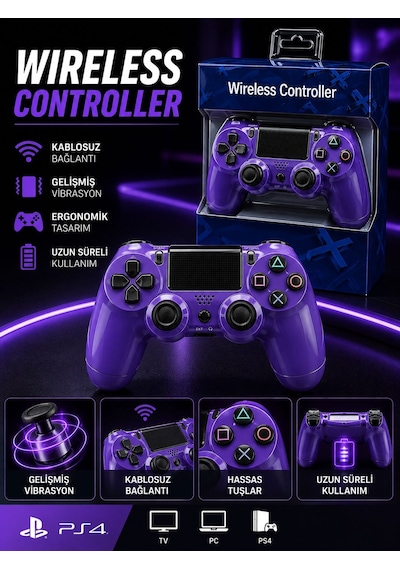 Ps4 & Pc Uyumlu Çift Motor Titreşimli Kablosuz Oyun Kolu Ergonomik Tasarım, Hassas Tuşlar, Uzun Süreli Kullanım