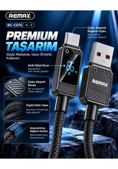 Remax Suxien Serisi Rc-c070-s 66w Akıllı Dijital Ekranlı Usb-a To Type-c Hızlı Şarj Ve Data Kablosu 1.2 Metre Siyah