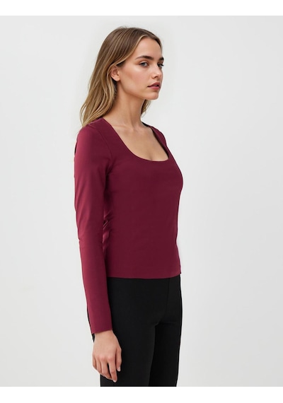 Jimmy Key Bordo Kare Yaka Dar Kesim Uzun Kollu Örme Bluz 5ww035899562