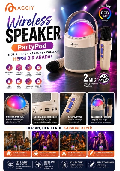 Partypod Bluetooth 5.3 Destekli Çok Fonksiyonlu Kablosuz Hoparlör