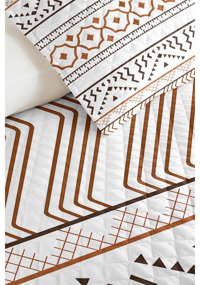 Kahverengi Geometrik Bohem Tek Kişilik Dekoratif Pike Takımı - Beyaz Etnik 160x220 Cm Yatak Örtüsü Kumlu Misk İzi