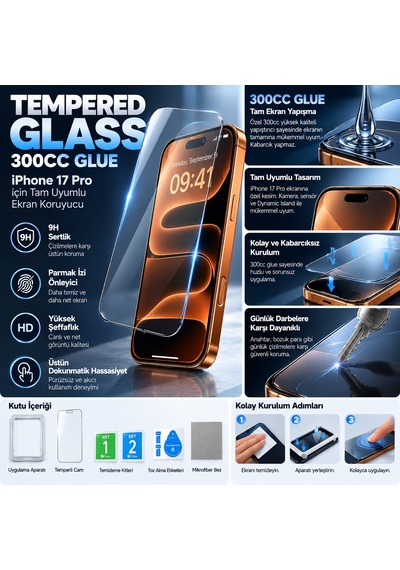 İphone 17 Pro Uyumlu Premium 300cc Glue Tempered Glass Anti Static & Finger Print
