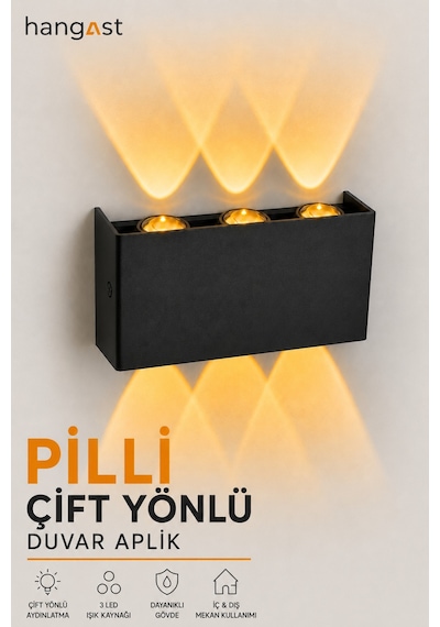 Pilli Amber 3 Led Dekoratif Duvar Apliği Çift Yönlü Yukarı Aşağı Aydınlatma İç & Dış Mekan Duvar Lambası Siyah