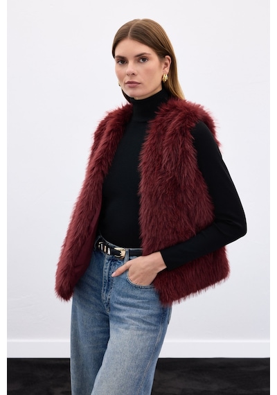 Sateen Kolsuz Uzun Yelek - Bordo-136640 Bordo