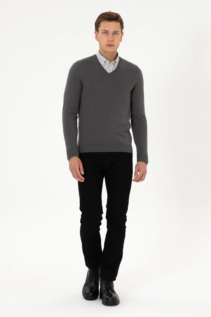 U.S. Polo Assn. Erkek Slim Fit V Yaka Gri Basic Triko Kazak 50313662-VR024