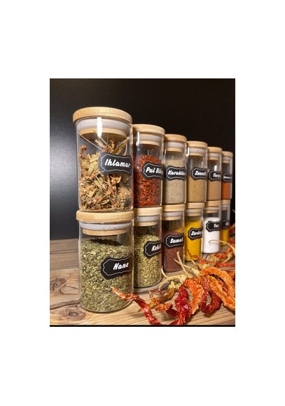 12'li Etiketli Bambu Vakumlu Kapaklı Cam 180ml Baharatlık Takımı Etiketli Baharatlık Set Diğer