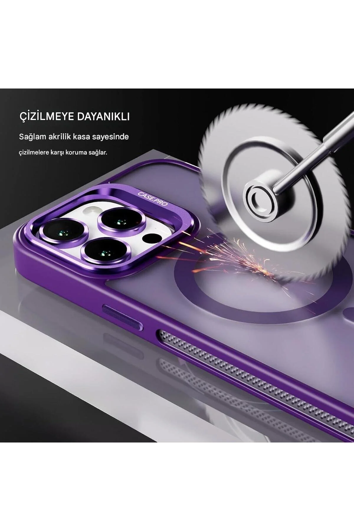 İphone 14 Pro Max Uyumlu Magsafe Kılıf Mıknatıslı Standlı Darbeye Dayanıklı Mat Şeffaf Arka Kapak Lens li mor