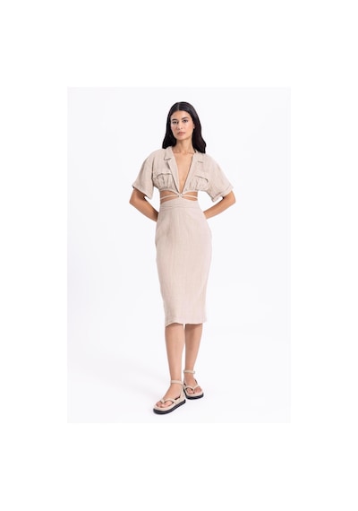Fashion Cocktail Ham Keten Arka Yırtmaçlı Kalem Etek Derin V Yaka Kısa Kol Krop Bohem Yazlık Takım Krem Fashion Cocktail Ham Keten Arka Yırtmaçlı Kalem Etek Derin V Yaka Kısa Kol Krop Bohem Yazlık Takım Krem