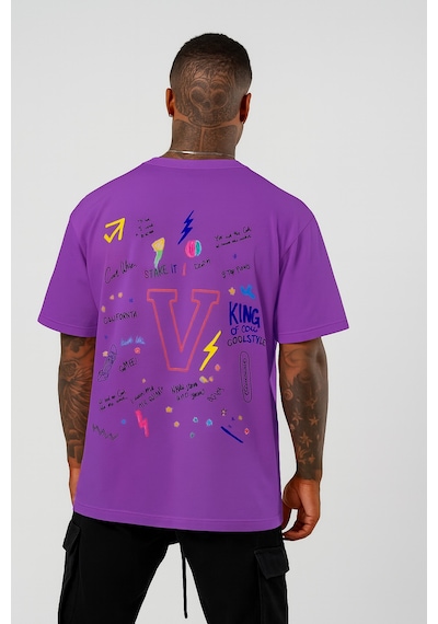 V Baskılı Oversize Beyaz T-shirt Mor