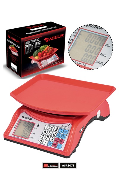Assur Asr8078 Akülü Dijital Mutfak Terazisi 2 Gr 40 Kg Şarjlı Hassas Ölçüm Tartı Hassas Terazi Kırmızı