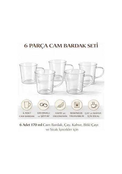 6 Lı Cam Bardak Seti 170 Ml Kulplu Şeffaf Cam Kupa, Çay Kahve Ve Bitki Çayı Bardakları, Bulaşık Makinesinde Yıkanabilir Aeropress