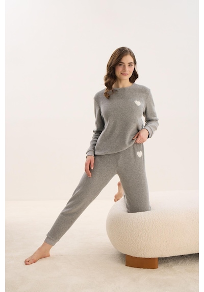 Sevim Kadın Uzun Kol Polar Gri Melanj Pijama Takım C1t5n1o61 001