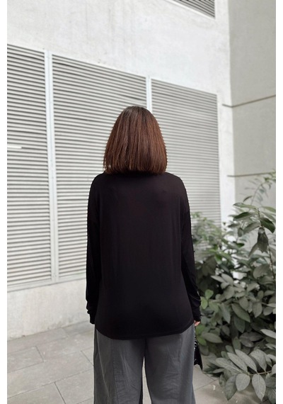 WeShaya Kadın Siyah Polo Yaka Basic Bluz, Uzun Kol, Regular Kesim, Günlük Ve Spor Sweatshirt Siyah