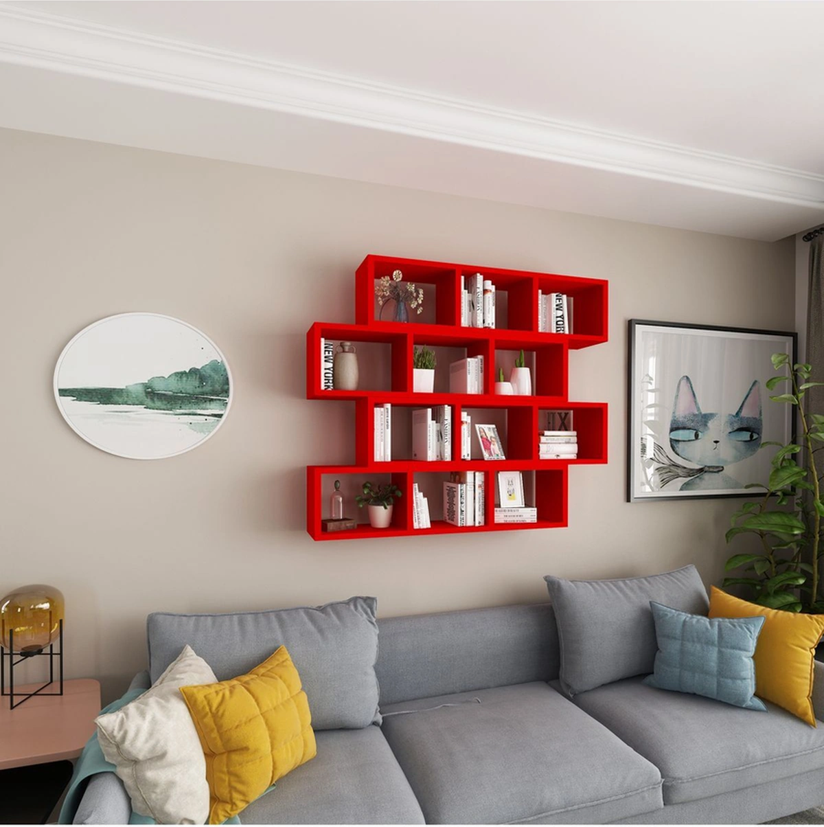 Kitaplık Modern Duvar Rafı Salon Yatay 4 Lü Takım Kırmızı Kırmızı