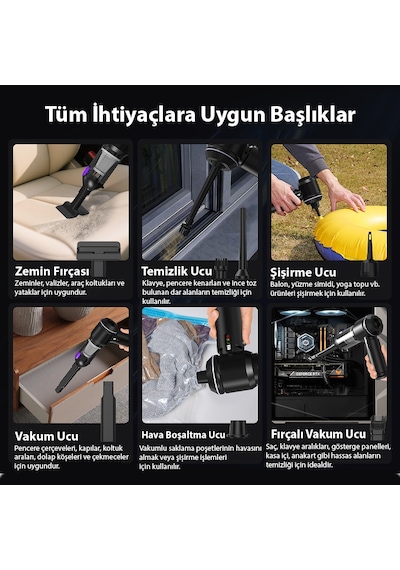 Ezere Vacpro 20000pa Güçlü Dijital Göstergeli Vakumlu Kablosuz Üflemeli Mini Araç Süpürgesi