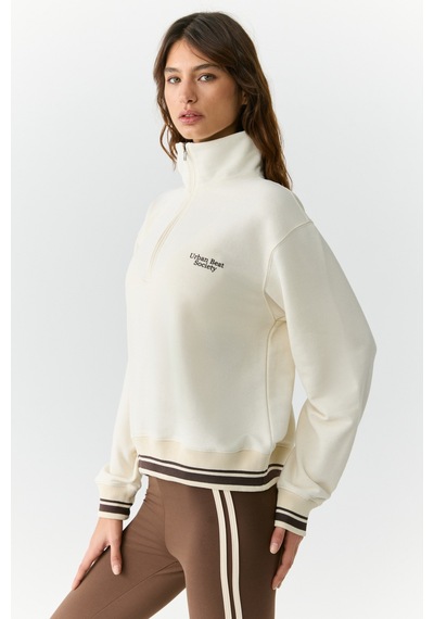 Urban Beat Natan Kadın Dik Yakalı Fermuarlı Baskı Detaylı Relaxed Ekru Sweatshirt Ekru