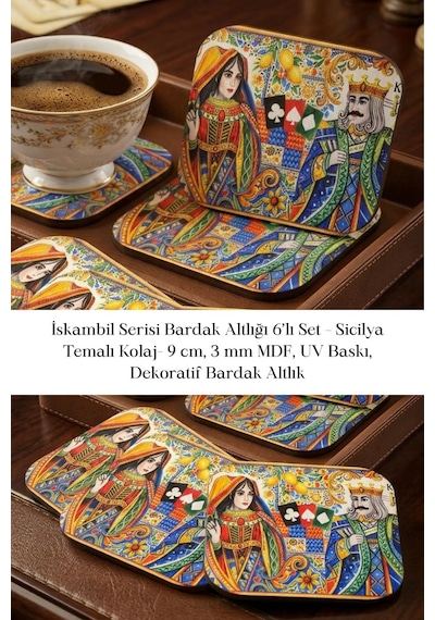 İskambil Serisi Bardak Altlığı 6 Lı Set Sicilya Temalı Kolaj 9 Cm Mdf Çok Renkli