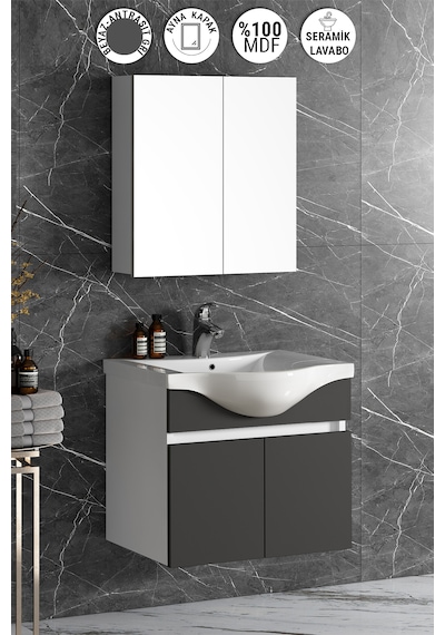 Yıldız 55 Cm Beyaz-antrasit Gri Mdf Asma Banyo Dolabı Takımı Beyaz - Antrasit