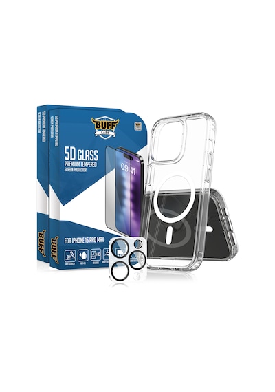 Buff Apple iPhone Uyumlu  15 Pro Max - 2x5d Ekran Koruyucu + Magsafe Kılıf + Lens Koruyucu Şeffaf
