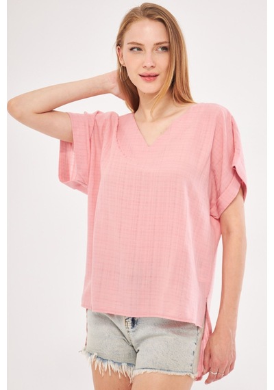 Armonika Kadın Gül Kurusu V Yaka Yanları Yırtmaçlı Arkası Uzun Duble Kol Detaylı Oversize Bluz Arm-24y001074