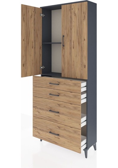 Arges Dolap 3 Raflı Tek Çekmeceli 2 Kapaklı 88x30x221 Çam-çam Antrasit