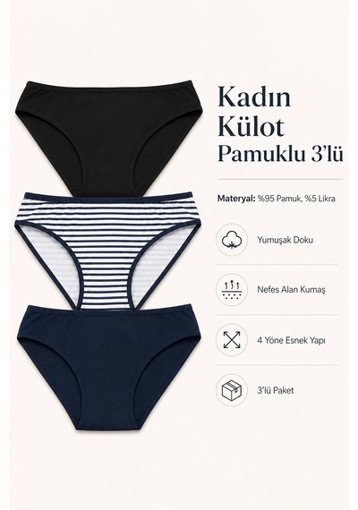 Nicoletta Kadın Külot 3 Lü Paket Likralı Dantelli Pamuklu Likrali 313002 Çok Renkli