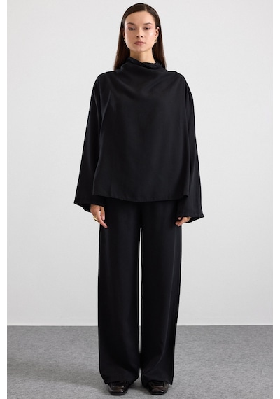 Olcay Degaje Yaka Oversize Pantolon Bluz İkili Takım Siyah 9483-tk