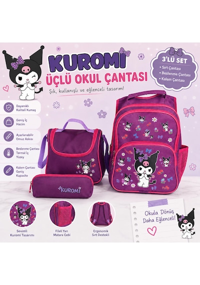 Kuromi Desenli Mor Renk Üçlü Kız Çocuk İlkokul Çantası + Termal Beslenme Çantası + Kalemlik