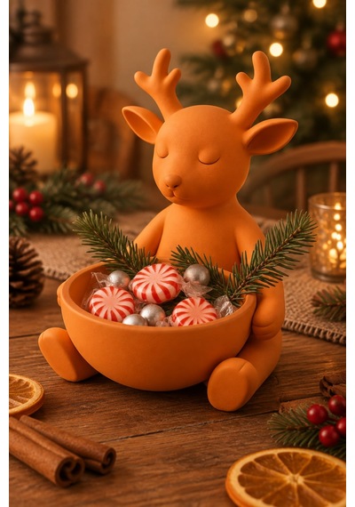 Ren Geyiği Figürlü Çok Amaçlı Kase Noel Sunum Kabı Turuncu