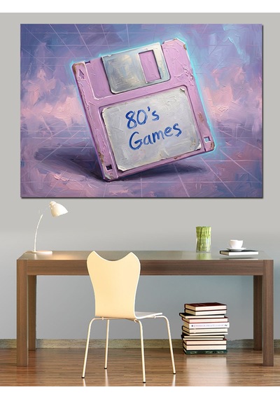 Pembe Disket 80's Games Tablosu Dekoratif Kanvas - Mdf Ahşap Tablo