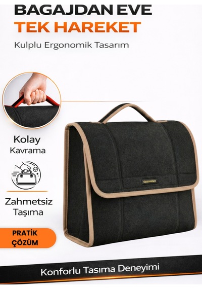 Oto Bagaj Organizer Bagaj Çantası M Boy Kaymaz Cırt Bantlı Velur Kompakt - Siyah Bej