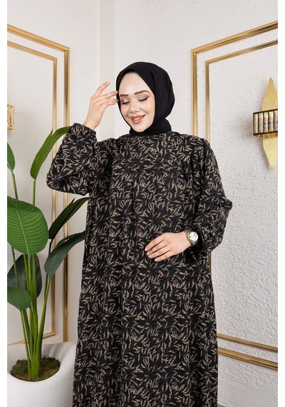 Nevayla Moda Robalı Desenli Viskon Elbise - Bej / E0126 Bej
