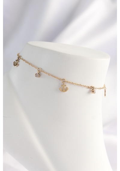 Ezoconcept 316l Çelik Gold Renk Zirkon Taşlı Minimal Çapa Tasarımlı Halhal