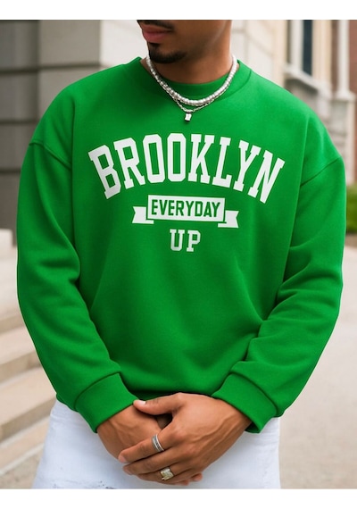 Benroma 3 İplik Penye Brooklyn Baskılı Unisex Sweatshırt Yeşil