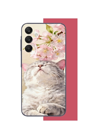 Samsung Galaxy A25 Uyumlu Pembe Yapraklı Kedi Baskılı Silikon Kılıf Renkli