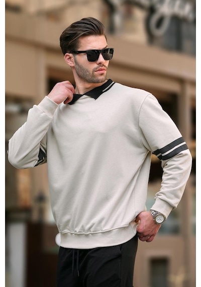 Madmext Bej Polo Yaka Oversize Kolu Şeritli Erkek Sweatshirt 7048-bej Bej