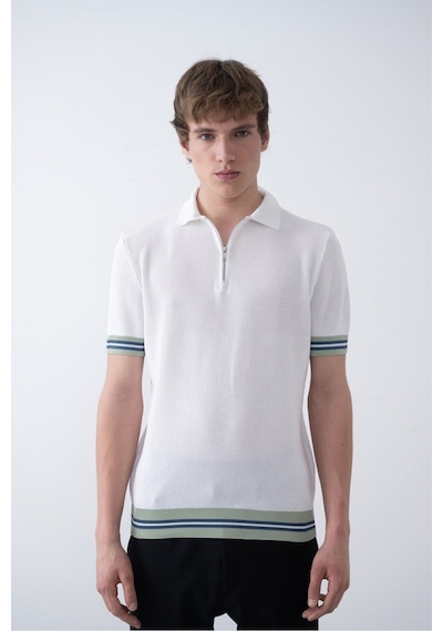 Baselco Triko Polo Yakalı T-shirt - Premium Ribana Detaylı Beyaz