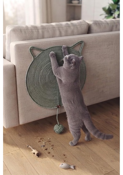 Pet El Yapımı Oyuncaklı Kedi Tırmalama Matı%100 Pamuk İpli Mint