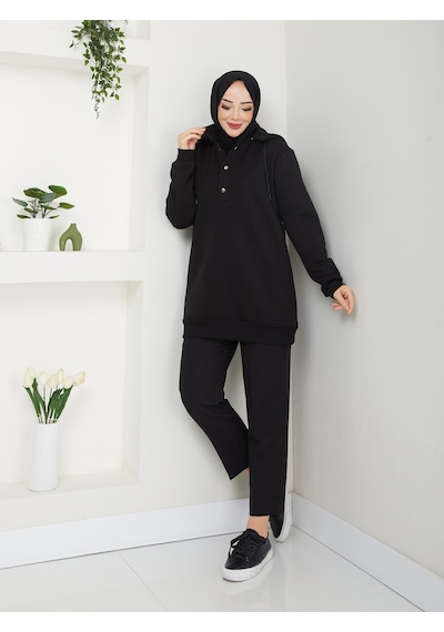 Raika Moda Kapşonlu 3 İplik Büyük Beden Tesettür Sweatshirt Siyah